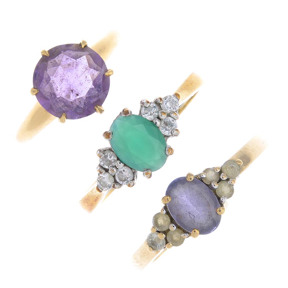 Six gem-set rings. To include a 9ct gold emerald and (1 of 3)