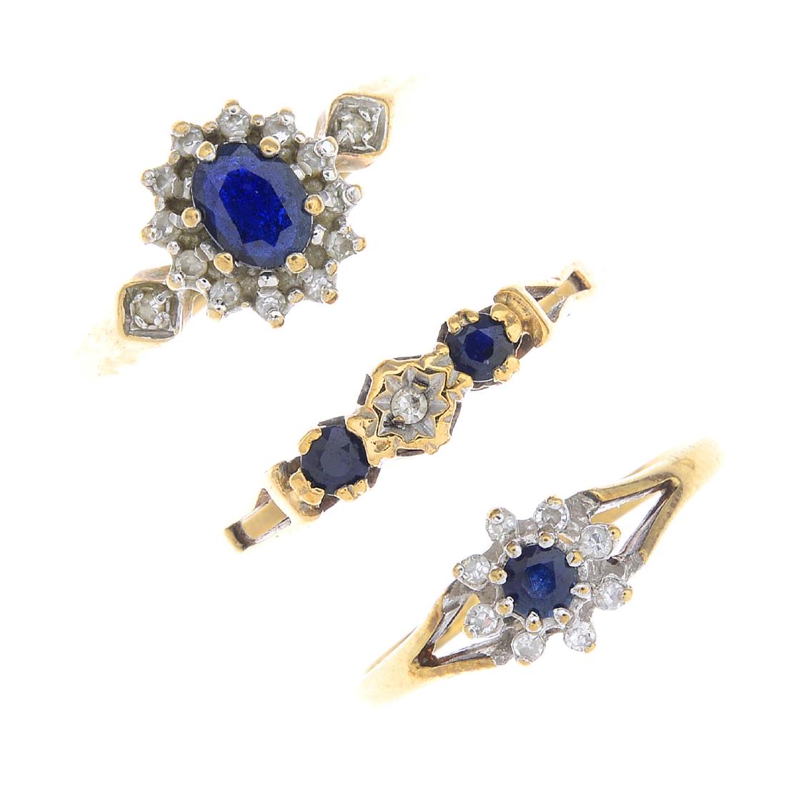 Four 9ct gold diamond and gem-set rings. To include two (1 of 3)