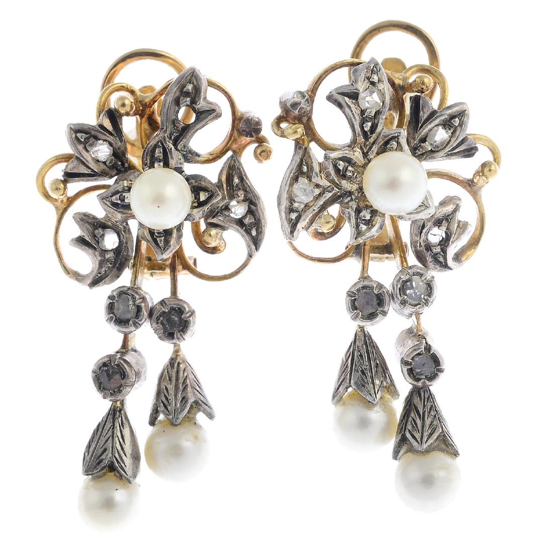 A pair of diamond and cultured pearl earrings. Each (1 of 2)