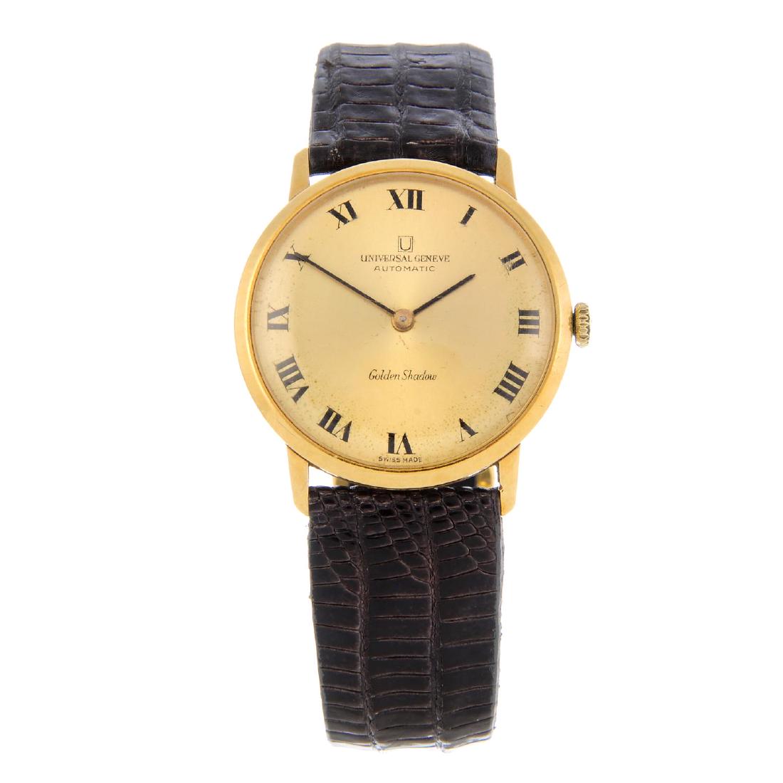UNIVERSAL GENEVE - a gentleman's Golden Shadow wrist: UNIVERSAL GENEVE - a gentleman's Golden Shadow wrist watch. Yellow metal case, stamped 18K 0,750 with poincon. Numbered 10G.983 166111/02. Signed automatic calibre 66. Champagne dial with Roman numera