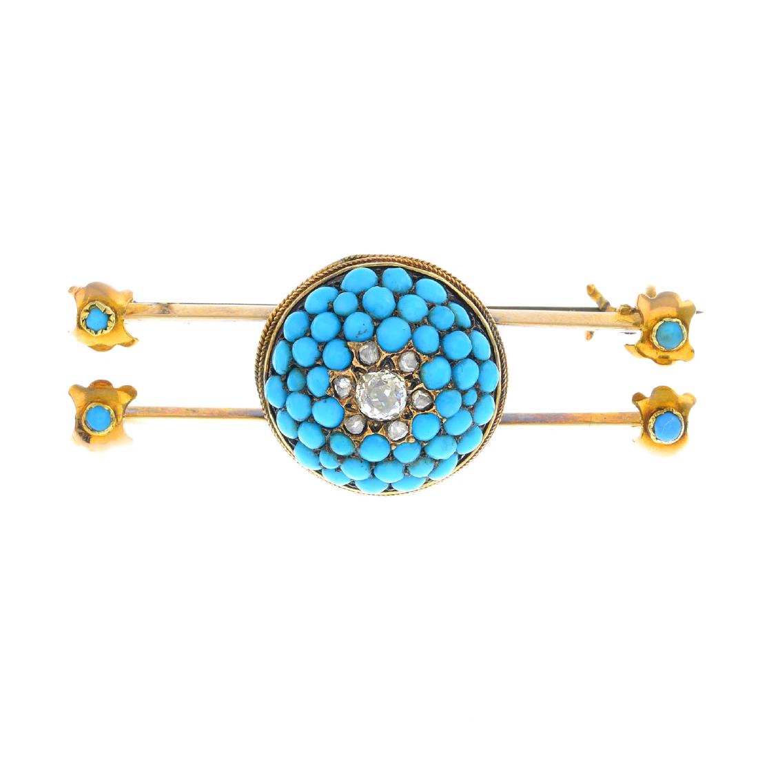 A late Victorian gold, turquoise and diamond brooch. (1 of 2)