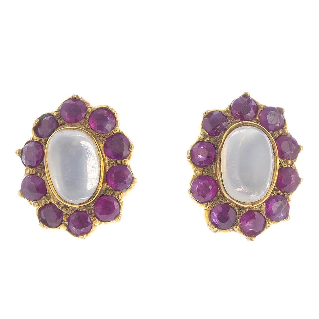 A pair of moonstone and ruby cluster earrings. Each (1 of 2)