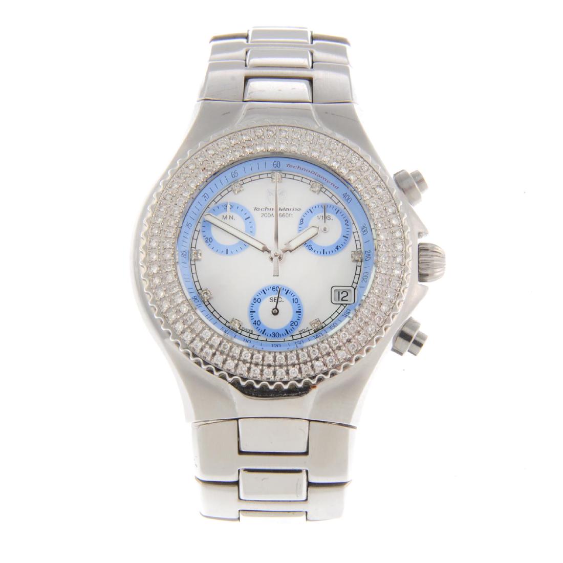 TECHNOMARINE - a Techno Diamond chronograph bracelet: TECHNOMARINE - a Techno Diamond chronograph bracelet watch. Stainless steel case with factory diamond set bezel. Numbered SW09624. Unsigned quartz movement. Mother-of-pearl dial. Fitted to a signed st