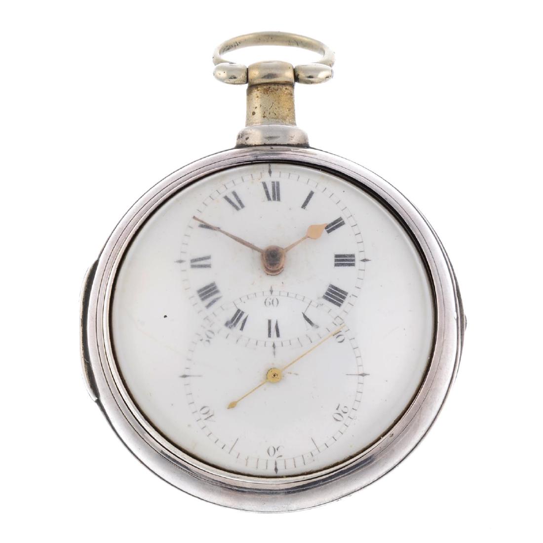A pair case pocket watch. Silver cases, hallmarked: A pair case pocket watch. Silver cases, hallmarked London 1810. Unsigned key wind full plate fusee and chain movement with verge escapement and pierced balance cock. White enamel dial. Outer case 60mm