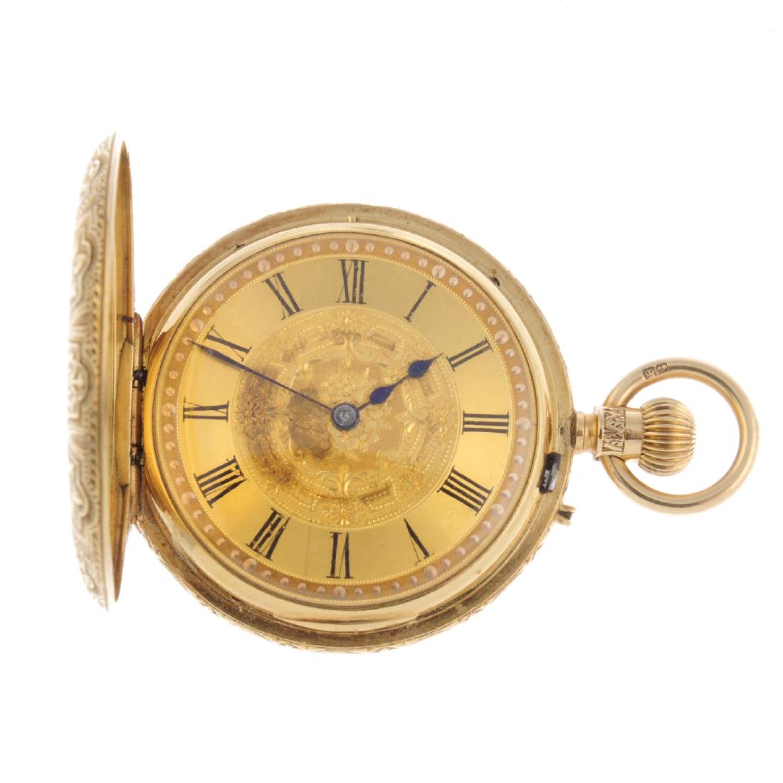 A half hunter fob watch by W & M Dodge. 18ct yellow: A half hunter fob watch by W & M Dodge. 18ct yellow gold case, hallmarked London 1880. Numbered 599. Signed keyless wind three quarter plate movement with ratchet tooth lever escapement. Gilt dial. 39