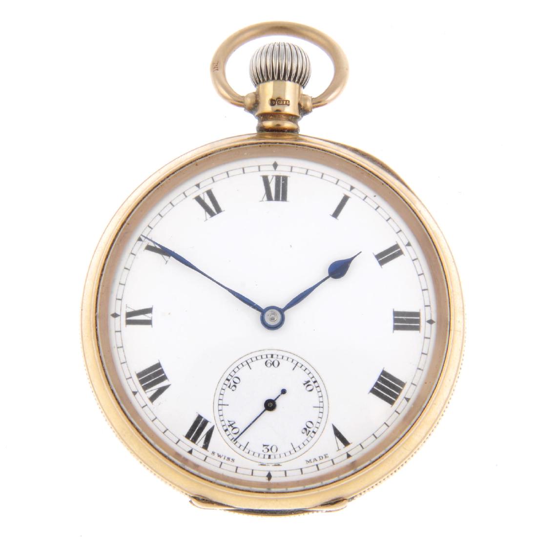 An open face pocket watch. 9ct yellow gold case,: An open face pocket watch. 9ct yellow gold case, hallmarked Birmingham 1918. Numbered 136197. Unsigned keyless wind movement with club tooth lever escapement. White dial. 49mm. 86gms.