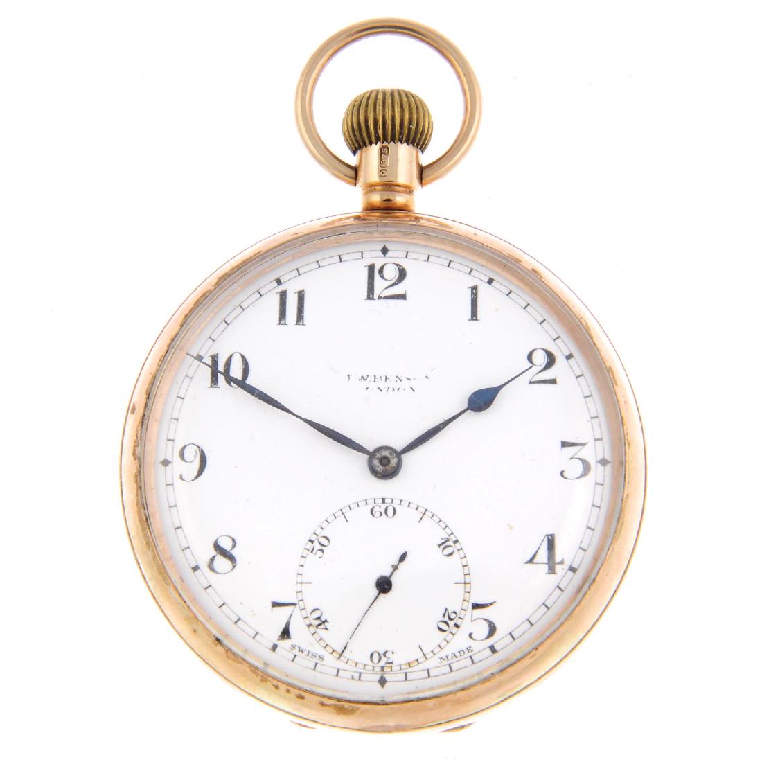 An open face pocket watch. 9ct yellow gold case,: An open face pocket watch. 9ct yellow gold case, hallmark rubbed. Unsigned keyless wind fifteen jewel movement with club tooth lever escapement. White dial. 47mm. 77gms.