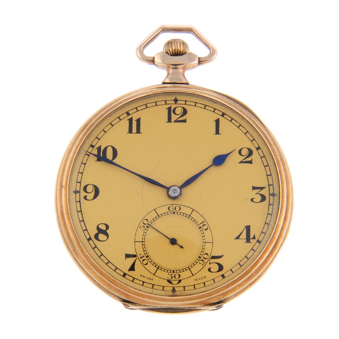 An open face pocket watch by Zenith. 9ct yellow gold: An open face pocket watch by Zenith. 9ct yellow gold case, import hallmarked Glasgow 1924. Numbered 264586. Signed keyless wind movement with club tooth lever escapement. Champagne dial. 48mm. 61gms.