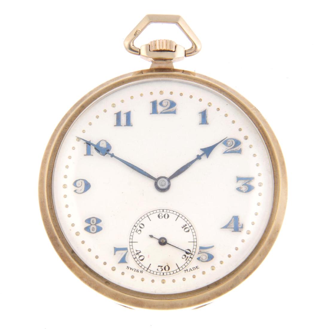 An open face pocket watch by Bernex. 9ct yellow gold: An open face pocket watch by Bernex. 9ct yellow gold case, hallmarked Birmingham 1937. Numbered 635680. Signed keyless wind fifteen jewel movement with club tooth lever escapement. Silvered dial. 46mm