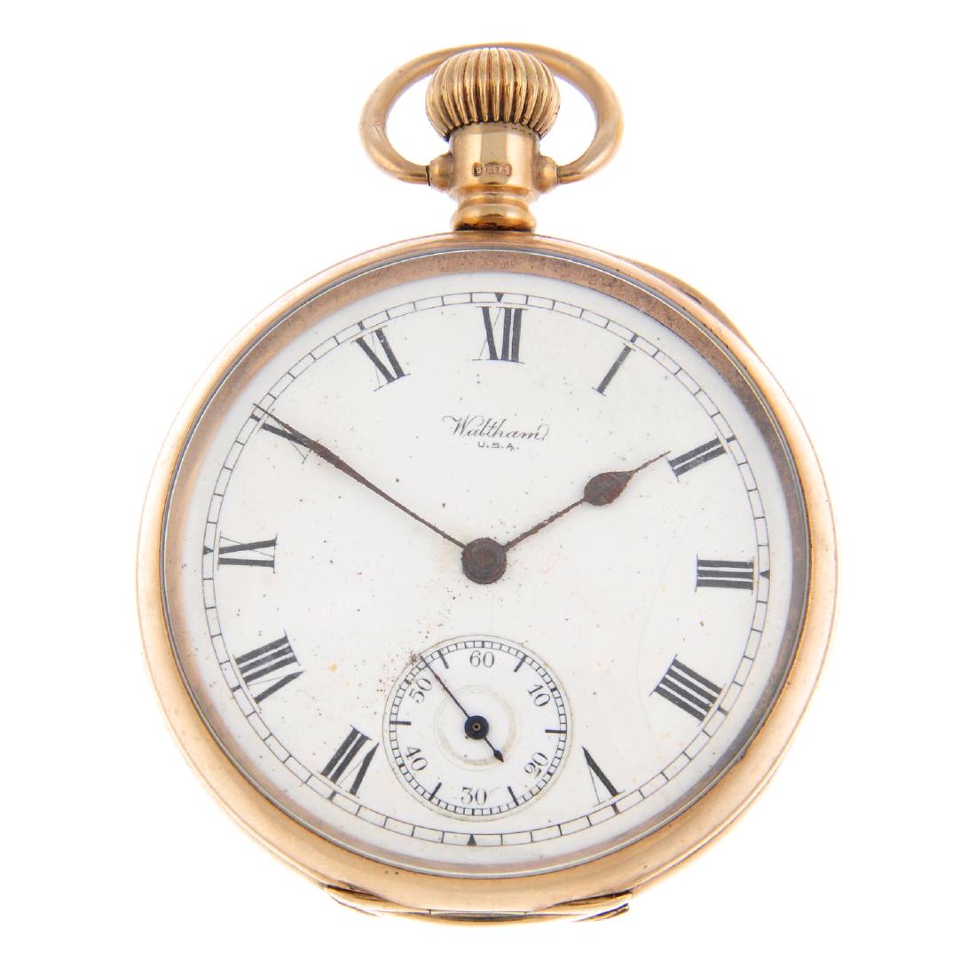 An open face pocket watch by Waltham. 9ct yellow gold: An open face pocket watch by Waltham. 9ct yellow gold case, hallmarked Birmingham 1919. Numbered 173704. Signed keyless wind seventeen jewel movement with club tooth lever escapement. White dial. 49mm