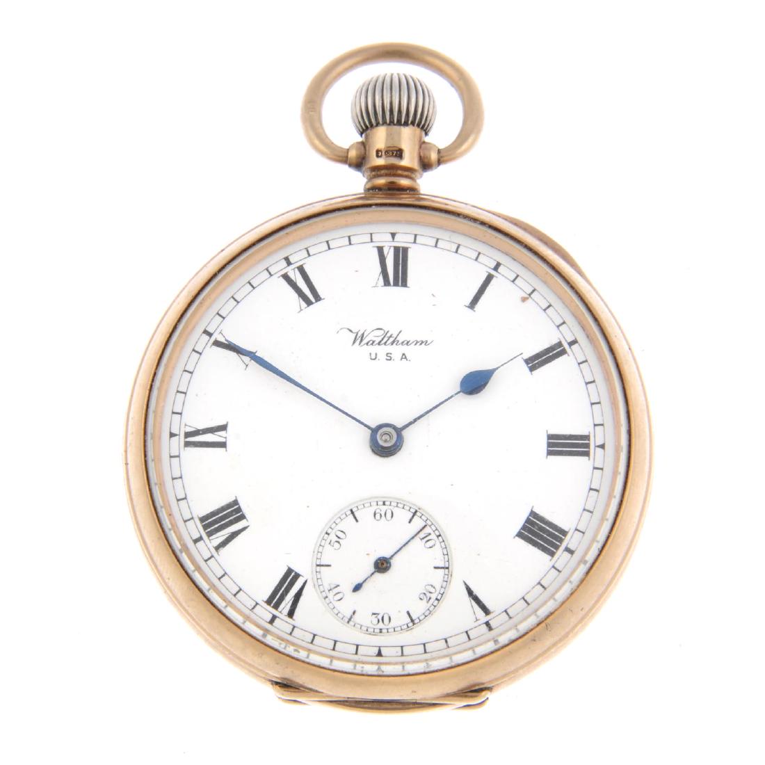 An open face pocket watch by Waltham. 9ct yellow gold: An open face pocket watch by Waltham. 9ct yellow gold case, hallmarked Birmingham 1916. Signed keyless wind movement with club tooth lever escapement. White dial. 49mm. 87gms.