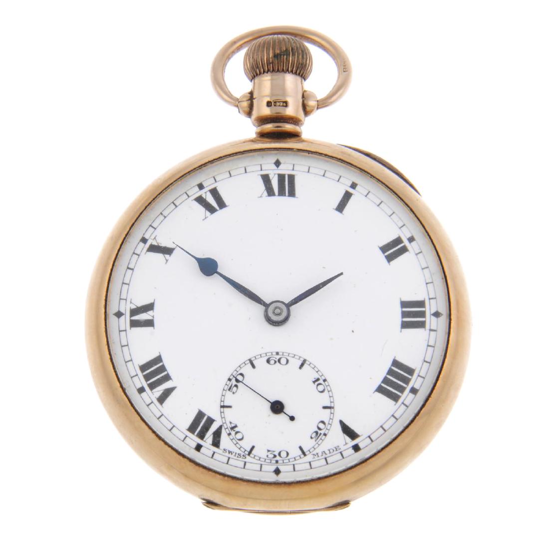 An open face pocket watch by Record. 9ct yellow gold: An open face pocket watch by Record. 9ct yellow gold case, hallmarked Chester 1926. Signed keyless wind fifteen jewel movement with club tooth lever escapement. White dial. 48mm. 83gms.