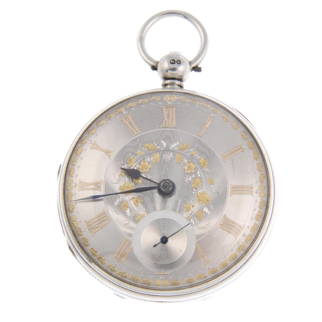 An open face pocket watch. Silver case, hallmarked: An open face pocket watch. Silver case, hallmarked London 1857. Unsigned key wind full plate fusee and chain movement with ratchet tooth lever escapement. Silvered dial. 53mm. Together with two silver