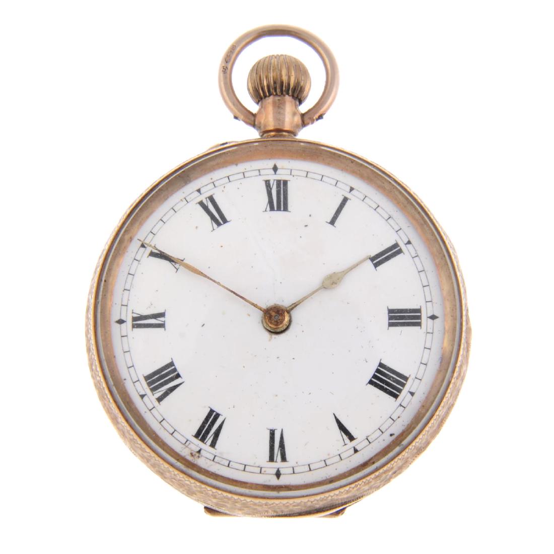 An open face fob watch. 9ct rose gold case, import: An open face fob watch. 9ct rose gold case, import hallmarked London 1916. Unsigned keyless wind movement with cylinder escapement. White dial. 33mm. 27gms. Recommended for spares or repair purposes o