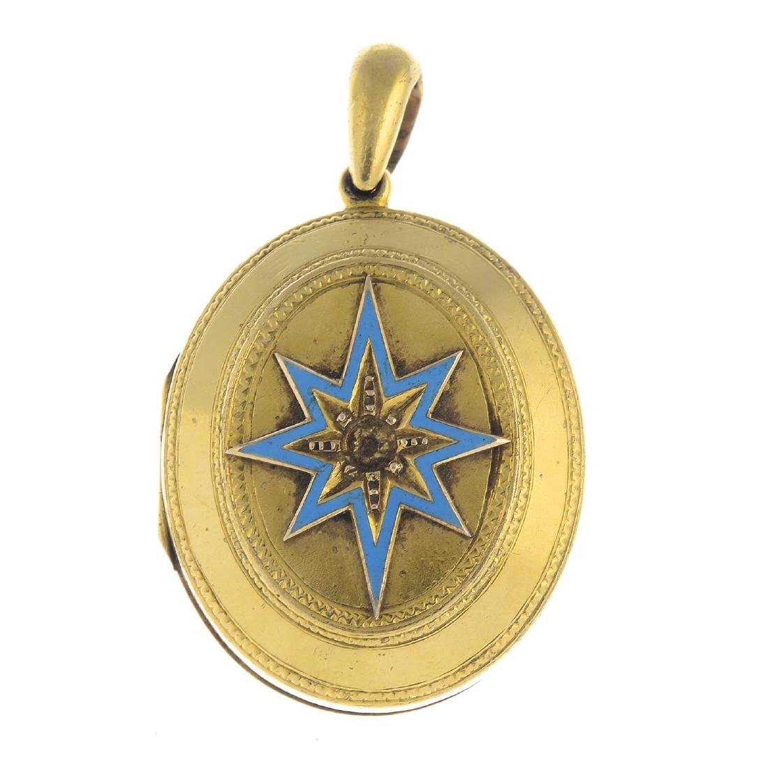 A late Victorian 18ct gold enamel locket. Of oval: A late Victorian 18ct gold enamel locket. Of oval outline, the vacant circular mount and blue enamel star surround, to the geometric engraved borders and tapered surmount. Length 4.5cms. Weight 8.6gms