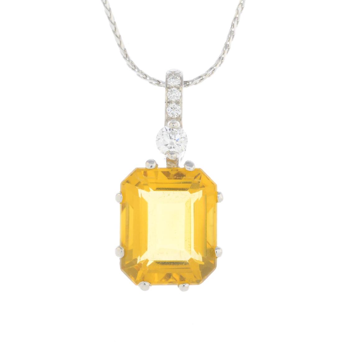 CHIMENTO - A citrine and diamond pendant. The: CHIMENTO - A citrine and diamond pendant. The rectangular-shape citrine, with brilliant-cut diamond highlight, suspended from a similarly-cut diamond line surmount, suspended from a fancy-link chain.