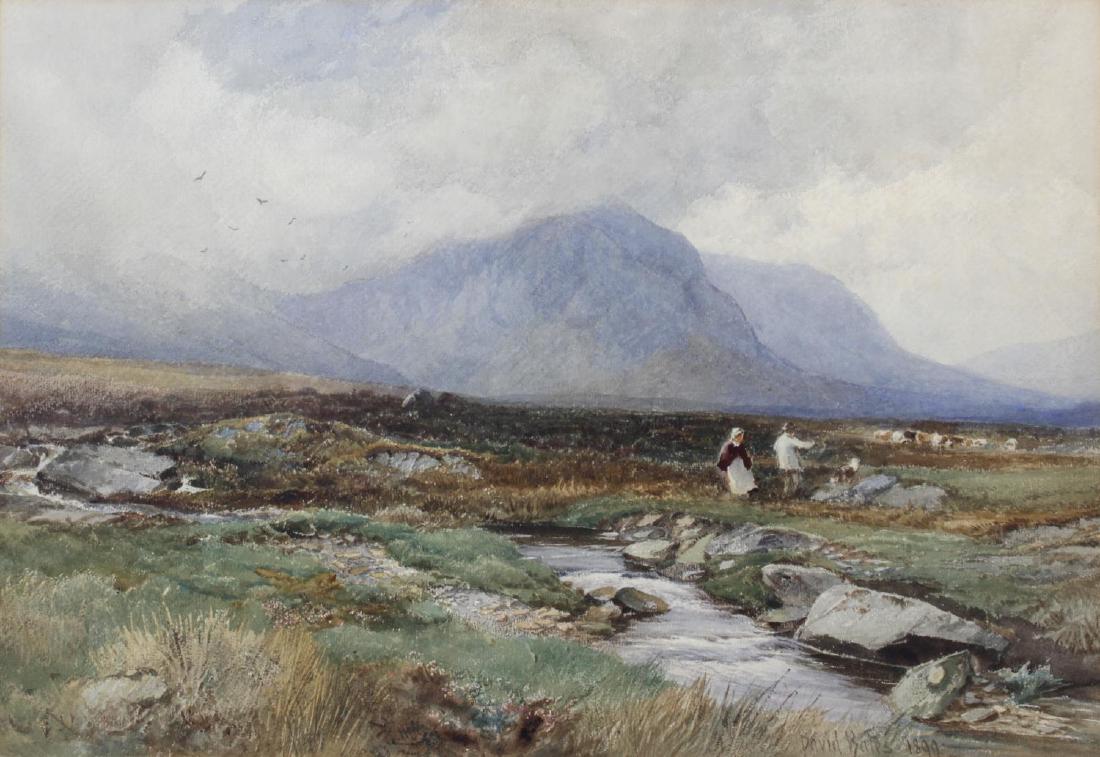David Bates (1855-1921), a 19th century watercolour,: David Bates (1855-1921), a 19th century watercolour, extensive rural landscape titled 'Moorland, near Capel Curig', signed lower right and dated 1899, 13.5 x 20.5 (52cm x 34cm).