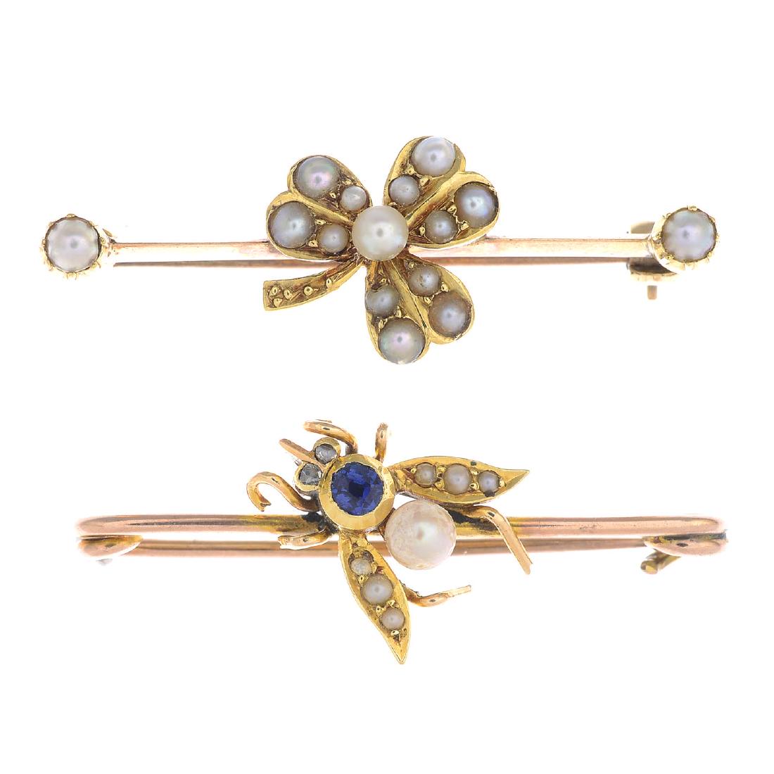 Two early 20th century gold gem-set bar brooches. To (1 of 2)