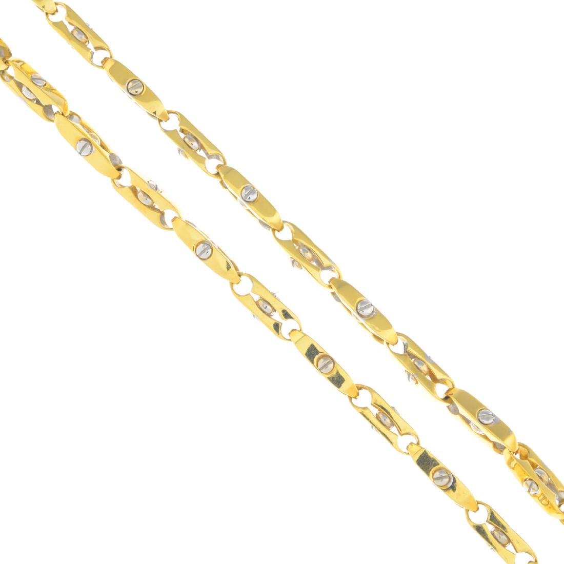 CHIMENTO - an 18ct gold necklace. Of bi-colour design,: CHIMENTO - an 18ct gold necklace. Of bi-colour design, comprising a series of fancy-links, with lobster-clasp. Signed Chimento. Italian marks. Length 42cms. Weight 24gms.