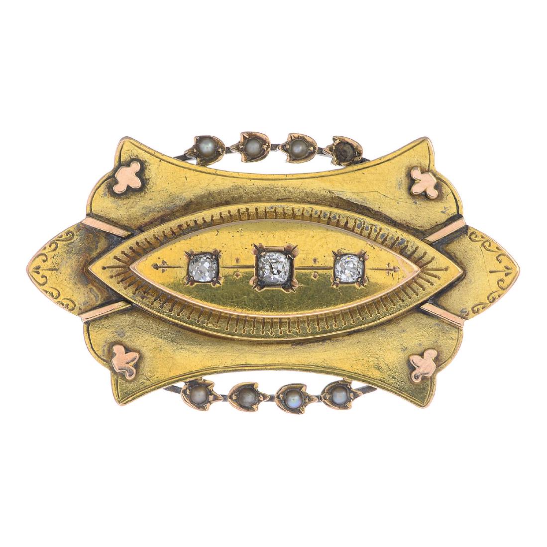 A late Victorian gold diamond and split pearl brooch. (1 of 2)