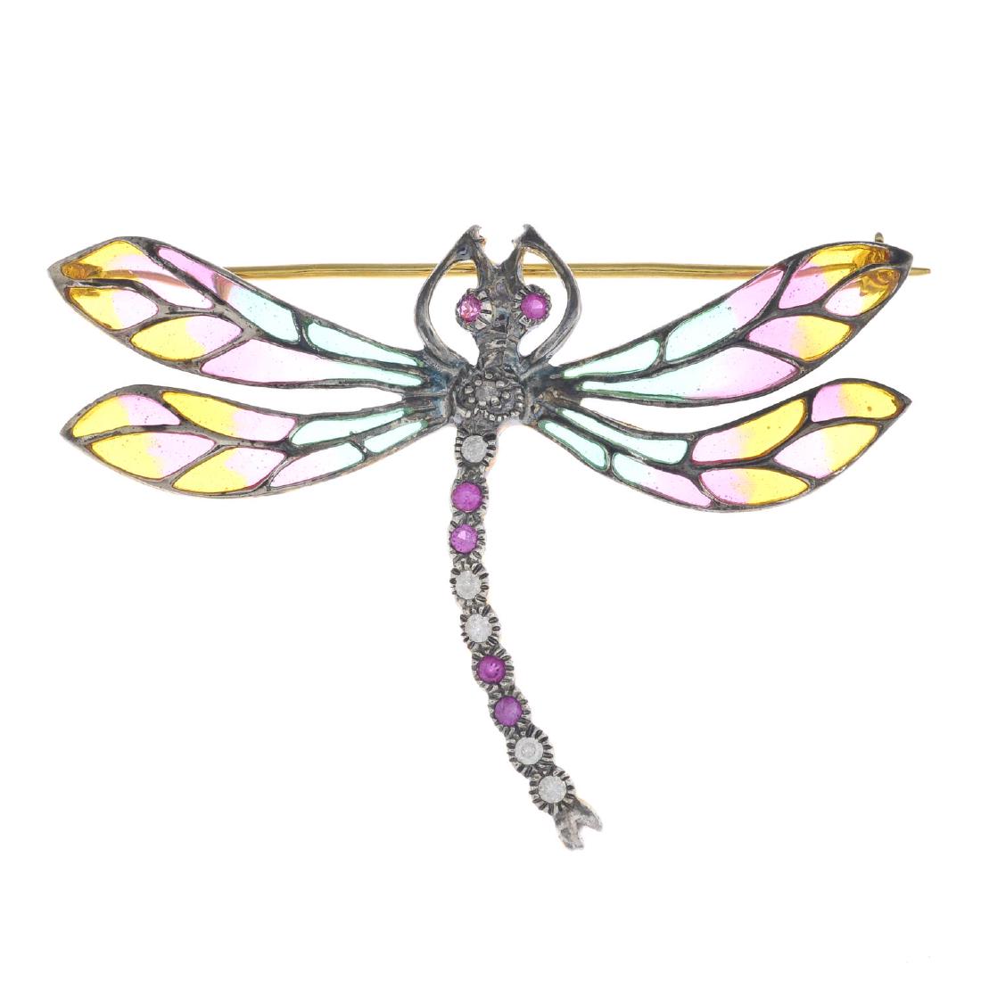 A ruby, diamond and plique-a-jour enamel brooch.: A ruby, diamond and plique-a-jour enamel brooch. Designed as a dragonfly, with brilliant-cut diamond and circular-shape ruby line body and plique-a-jour enamel wings. Estimated total diamond weight 0.