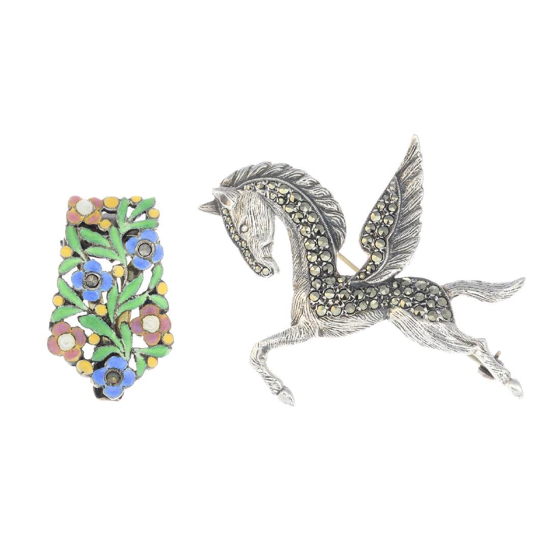 Six pieces of marcasite jewellery. To include an early: Six pieces of marcasite jewellery. To include an early 20th century silver Bernard Instone enamel and marcasite clip, a Bernard Instone Marcasite pegasus brooch, together with a marcasite brooch and t
