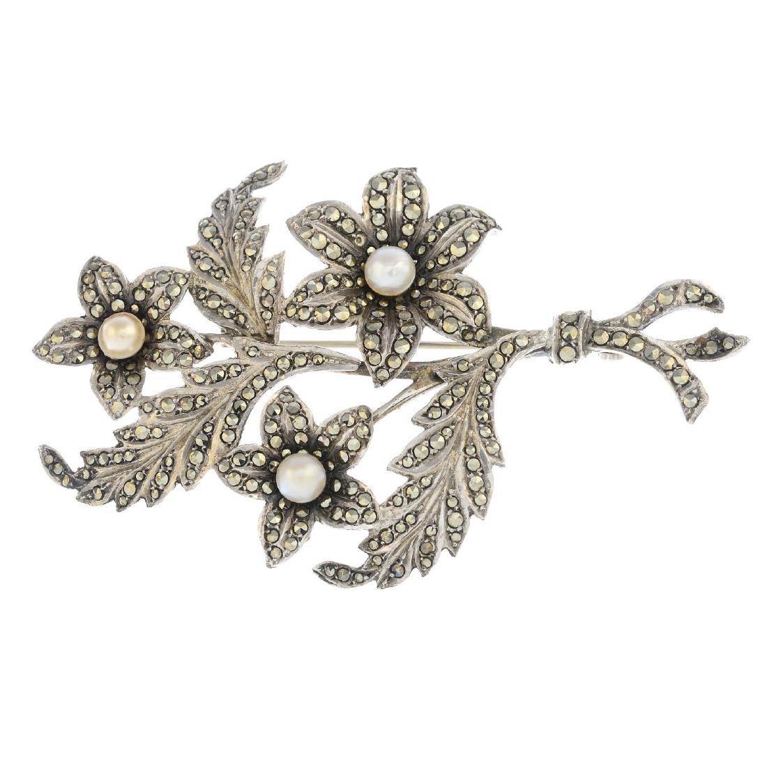 Seven pieces of mid 20th century marcasite jewellery.: Seven pieces of mid 20th century marcasite jewellery. To include a Nathan Brothers imitation pearl and marcasite spray brooch, a portrait miniature marcasite brooch, together with two openwork marcasi