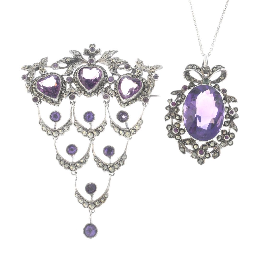 A selection of early 20th century marcasite and gem-set: A selection of early 20th century marcasite and gem-set jewellery. To include an amethyst, marcasite and paste brooch, an amethyst and gem-set pendant, a marcasite and vari-hue paste floral brooch and
