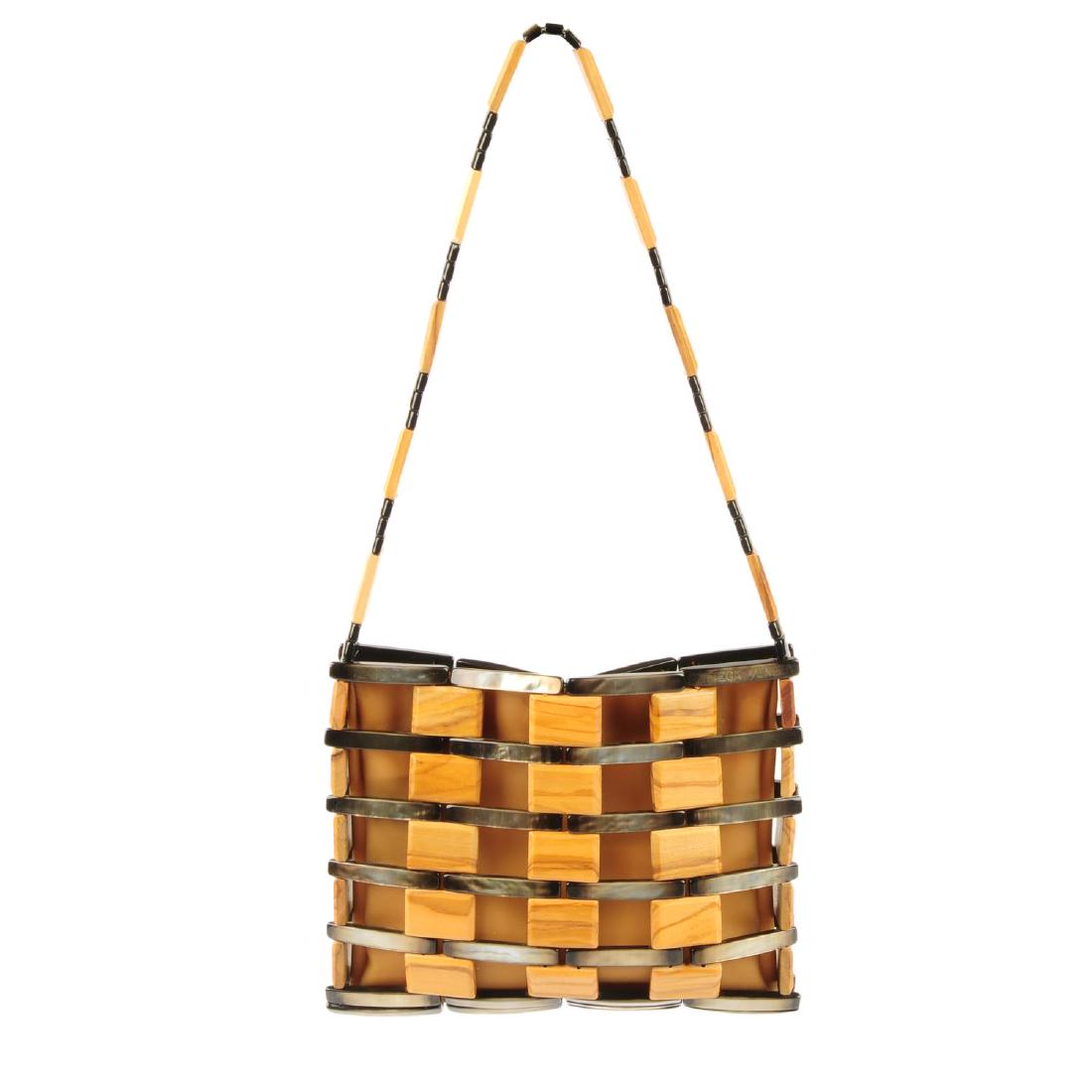 BOTTEGA VENETA - a wood and resin beaded handbag.: BOTTEGA VENETA - a wood and resin beaded handbag. Designed in a rectangular shape with alternating wooden and metallic resin beads creating a striped pattern with matching beaded handle, lined with be