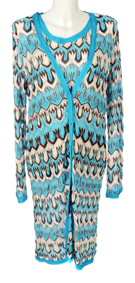 MISSONI - a selection of clothing. To include a blue: MISSONI - a selection of clothing. To include a blue and white zig-zag knit sleeveless top, long cardigan and matching scarf set, together with a multicoloured open front, three-quarter length cardiga