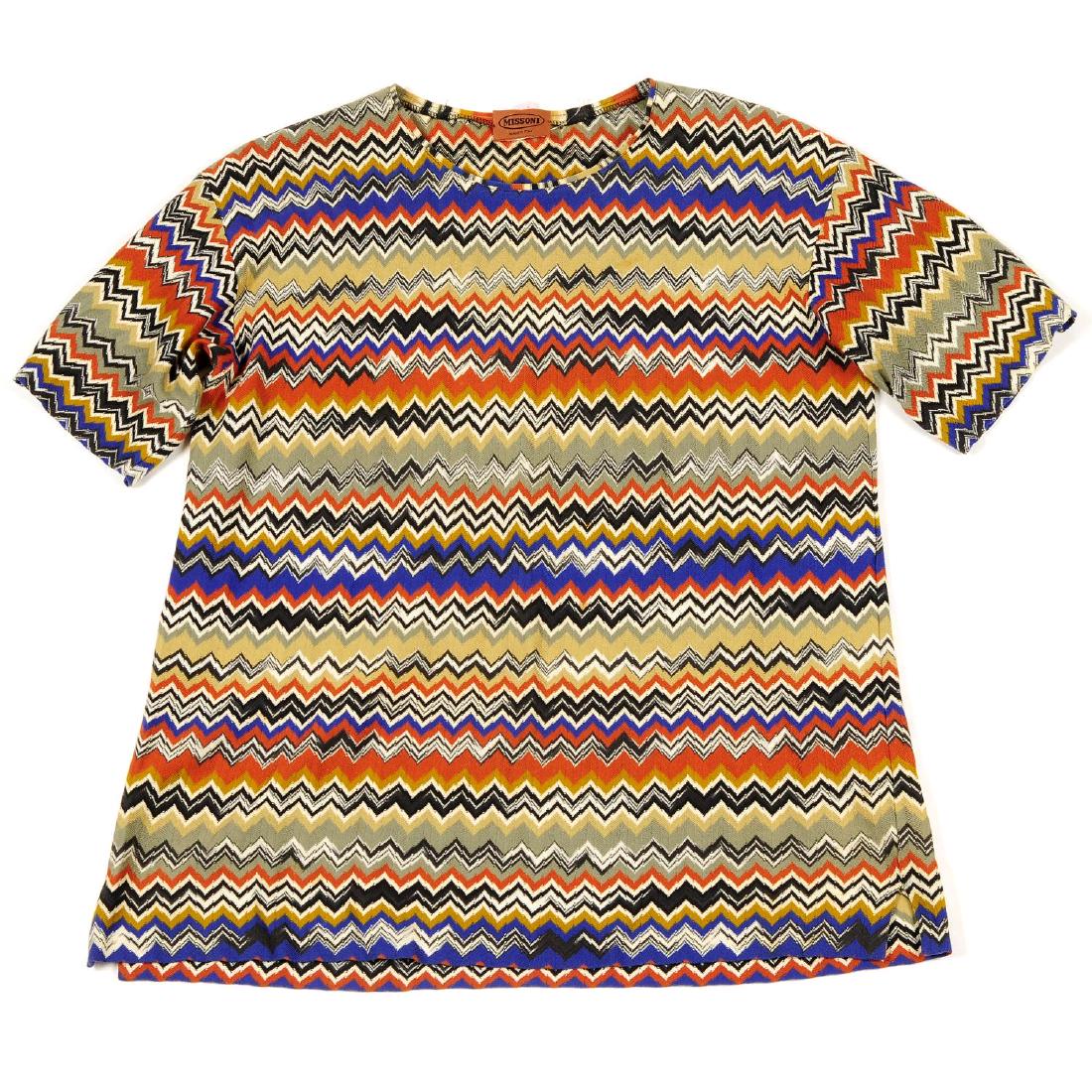 MISSONI - a selection of multicolour zig-zag knit: MISSONI - a selection of multicolour zig-zag knit clothing. To include a skirt and cardigan twinset, a ladies boat neck jumper, together with a men's T-shit. All labelled Missoni.