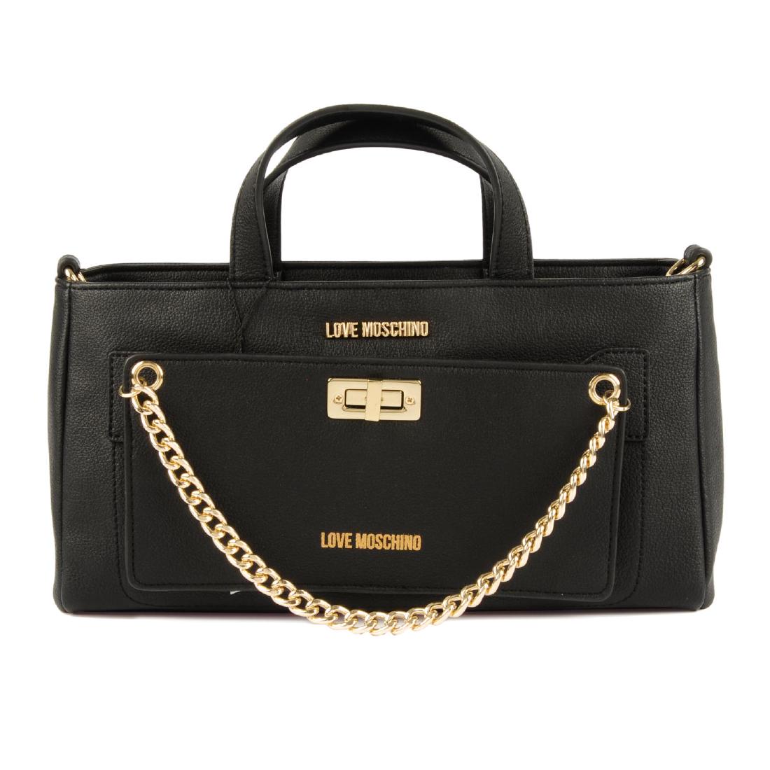 LOVE MOSCHINO - a black handbag with detachable: LOVE MOSCHINO - a black handbag with detachable pochette. Crafted from lightly textured black faux leather into a structured rectangular handbag with dual flat top handles, detachable shoulder strap,