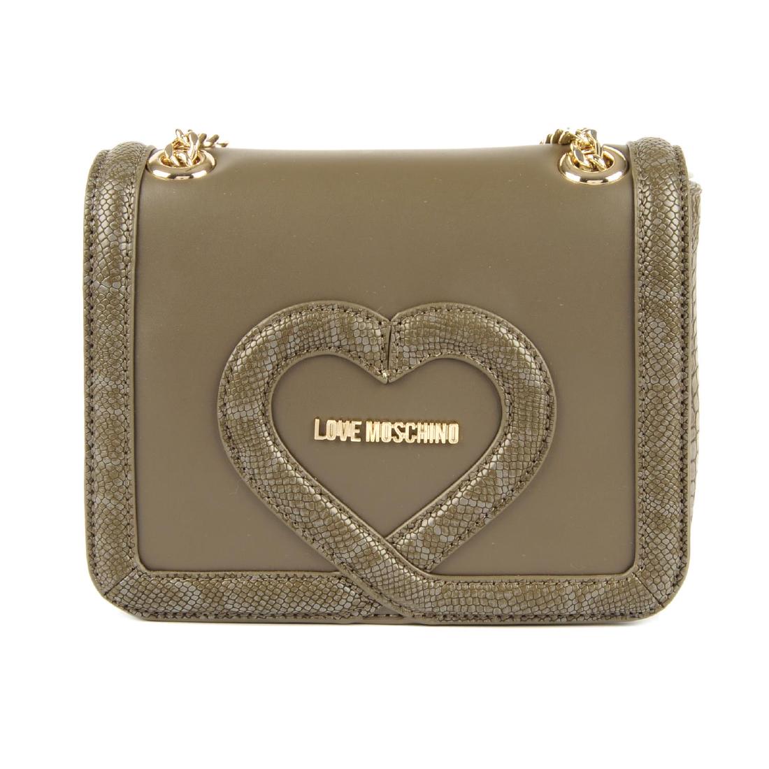 LOVE MOSCHINO - a grey flap handbag. Designed with an: LOVE MOSCHINO - a grey flap handbag. Designed with an interchangeable chain shoulder or crossbody strap, featuring embossed crocodile faux leather side panels and edging with a heart motif to the fron