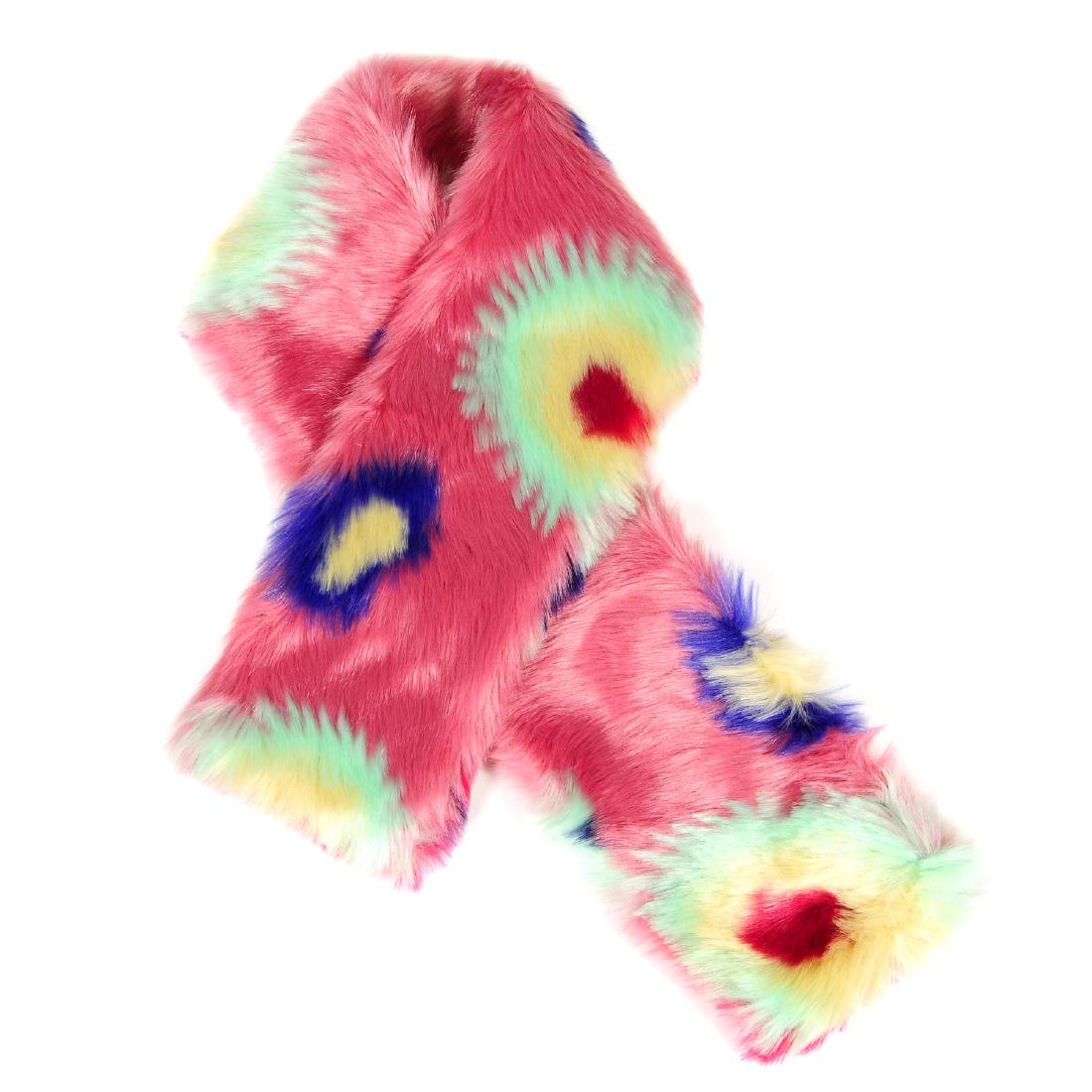 PAUL SMITH - a faux fur Pow scarf. Crafted from pink: PAUL SMITH - a faux fur Pow scarf. Crafted from pink faux fur with a colourful 'Pow' pattern throughout. Length measures 100cms. With maker's tag attached.