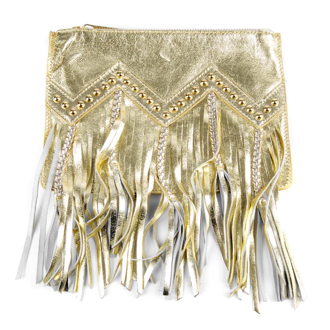 ROBERTO CAVALLI - two Just Cavalli fringed wristlet: ROBERTO CAVALLI - two Just Cavalli fringed wristlet clutches. Both of the same design, to include a gold leather example and a grey leather example, featuring fringed detailing with gold-tone stud emb