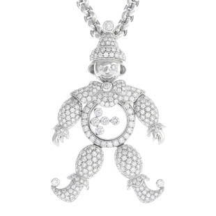 CHOPARD - a 'Happy Diamonds' 'Happy Clown' pendant. The: CHOPARD - a 'Happy Diamonds' 'Happy Clown' pendant. The pave-set diamond clown, with articulated limbs and five free-moving brilliant-cut diamond collet glazed belly, suspended from a belcher-link cha