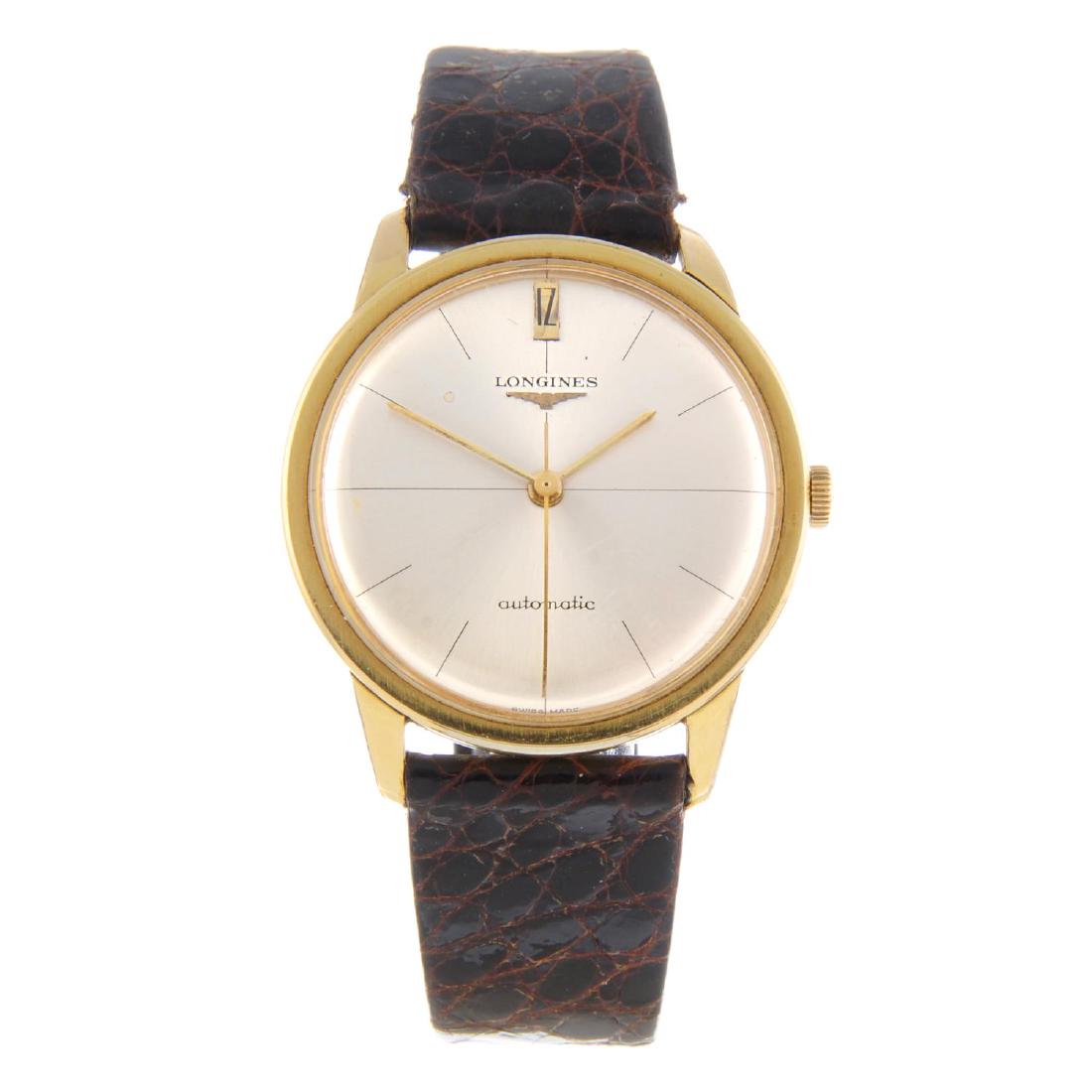 LONGINES - a gentleman's wrist watch. Gold plated case. (1 of 3)