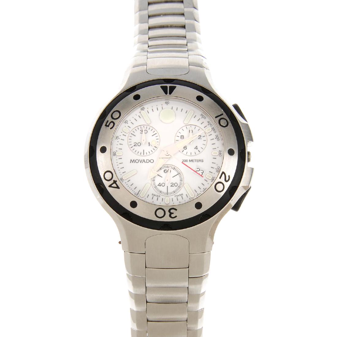 MOVADO - a gentleman's 800 Series chronograph bracelet: MOVADO - a gentleman's 800 Series chronograph bracelet watch. Stainless steel case with calibrated bezel. Reference 84 C5 1896, serial 8374748. Signed quartz movement. White dial. Fitted to a signed s