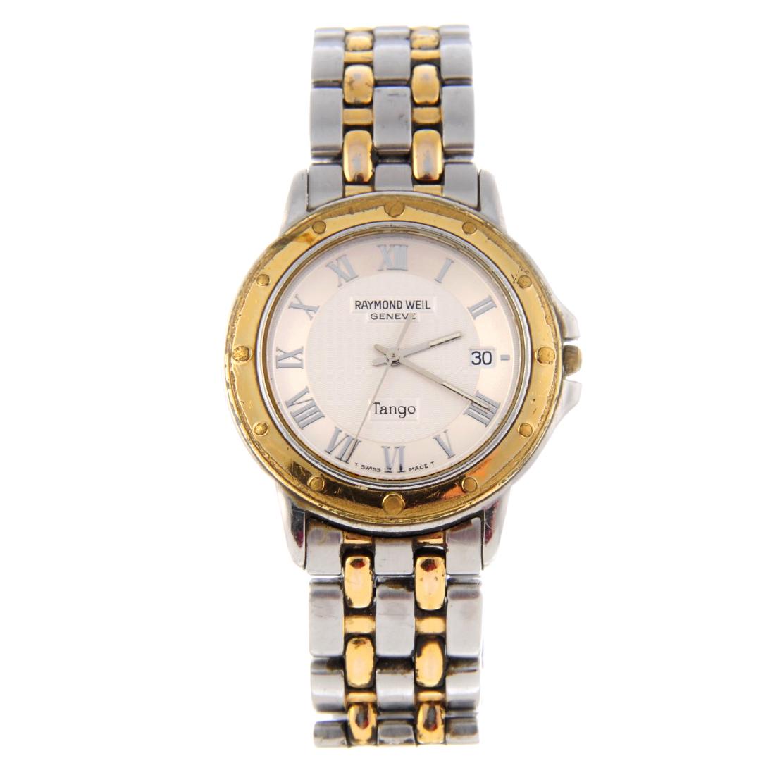 RAYMOND WEIL - a gentleman's Tango bracelet watch.: RAYMOND WEIL - a gentleman's Tango bracelet watch. Stainless steel case with gold plated bezel. Reference 5560, serial Z559108. Unsigned quartz movement. Silvered dial. Fitted to an unsigned bi-colour