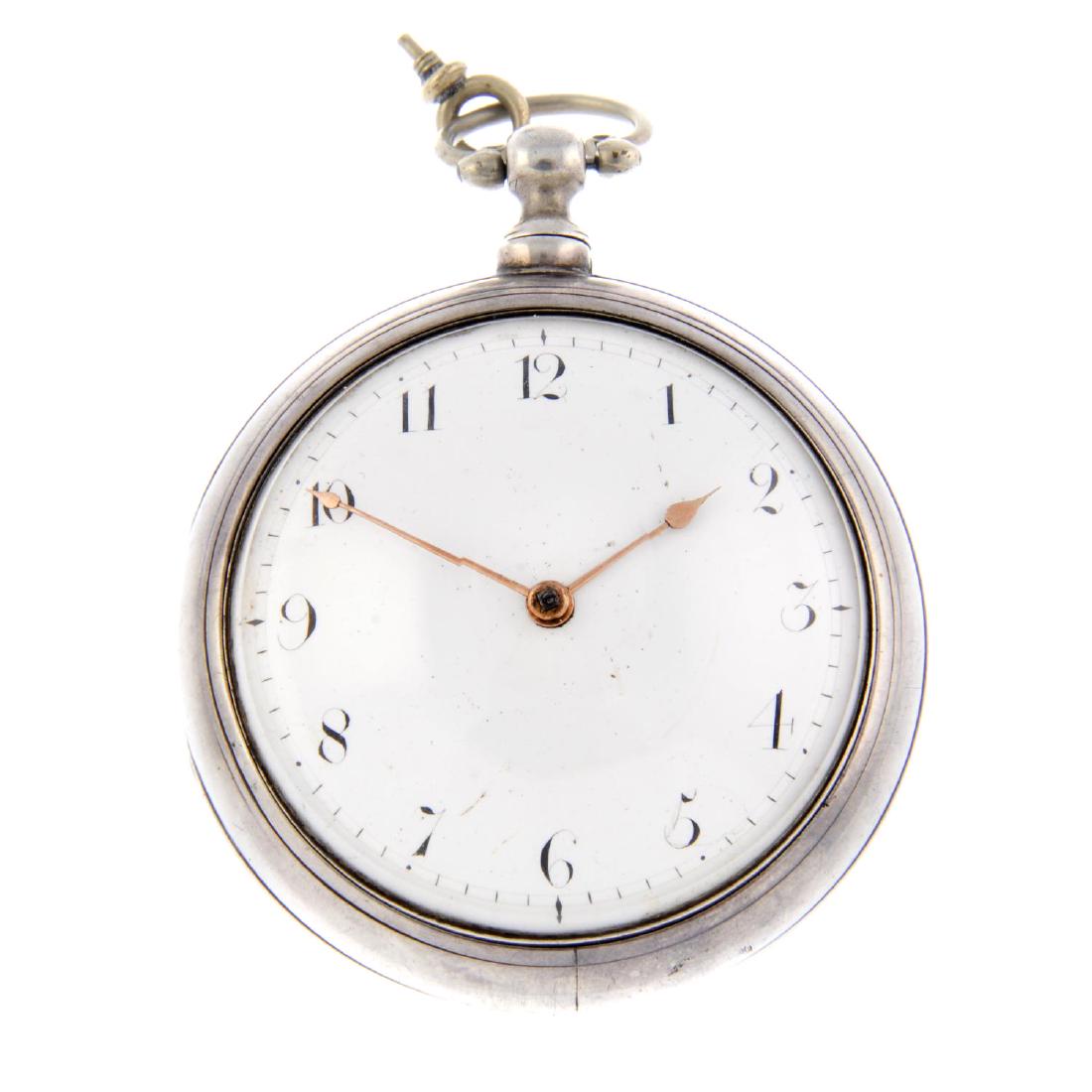 A pair case pocket watch. Silver cases, hallmarked: A pair case pocket watch. Silver cases, hallmarked London 1813. Numbered 496. Unsigned key wind full plate fusee and chain movement with verge escapement and pierced balance cock. White dial. Outer ca