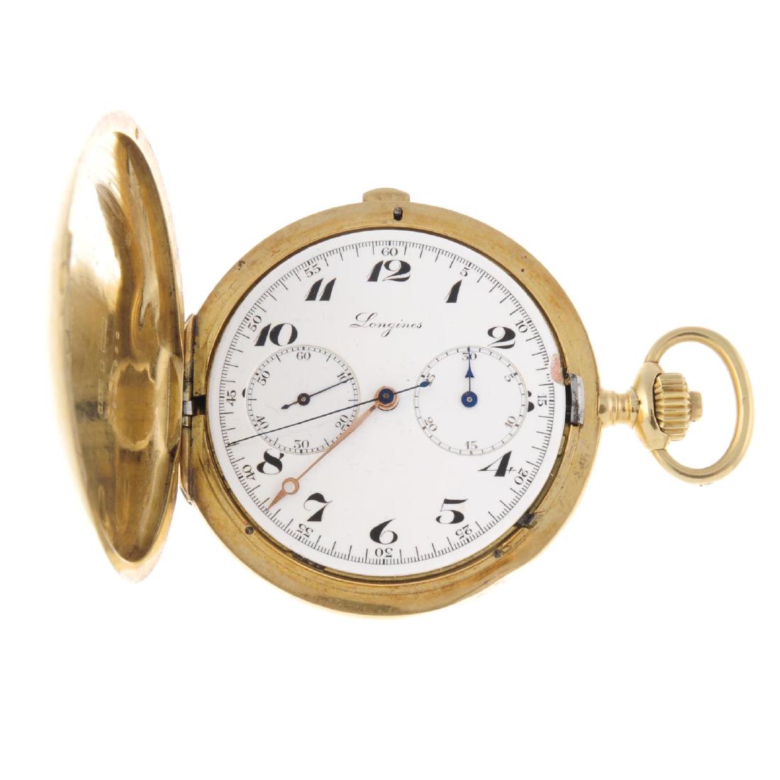 A full hunter chronograph pocket watch by Longines.: A full hunter chronograph pocket watch by Longines. Yellow metal case, stamped 18K 0,750. Numbered 4524052. Signed keyless wind movement with club tooth lever escapement and chronograph complication. 