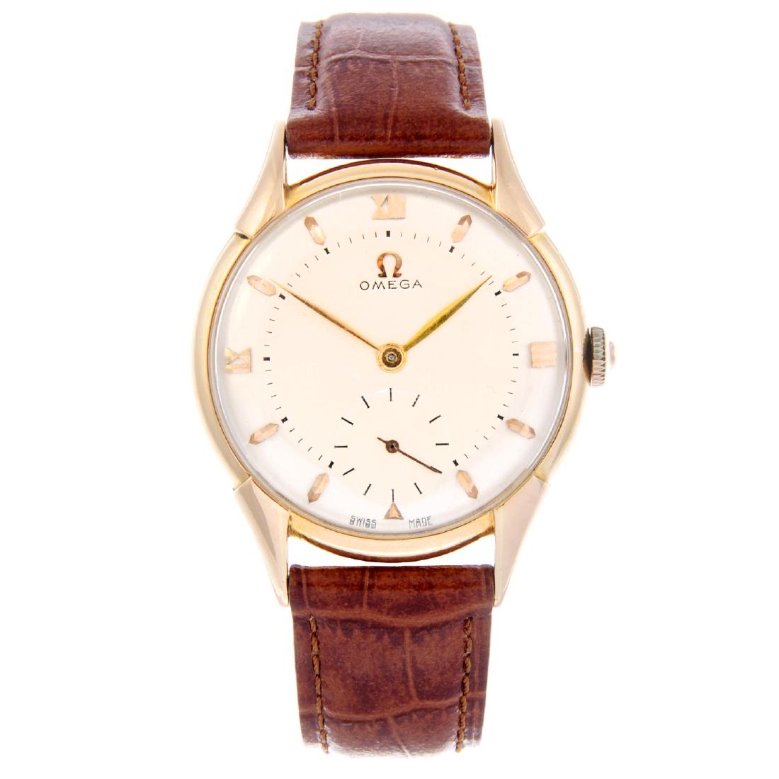 OMEGA - a gentleman's wrist watch. Rose metal case,: OMEGA - a gentleman's wrist watch. Rose metal case, stamped 18k with poincon. Numbered 10731045. Signed manual wind calibre 30T2PC, numbered 11195768. Silvered dial with baton hour markers, Roman nume