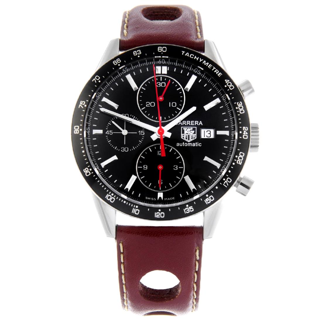 TAG HEUER - a gentleman's Carrera chronograph wrist: TAG HEUER - a gentleman's Carrera chronograph wrist watch. Stainless steel case with tachymeter bezel and exhibition case back. Reference CV2014-0, serial REW7696. Signed automatic calibre 16 with qui