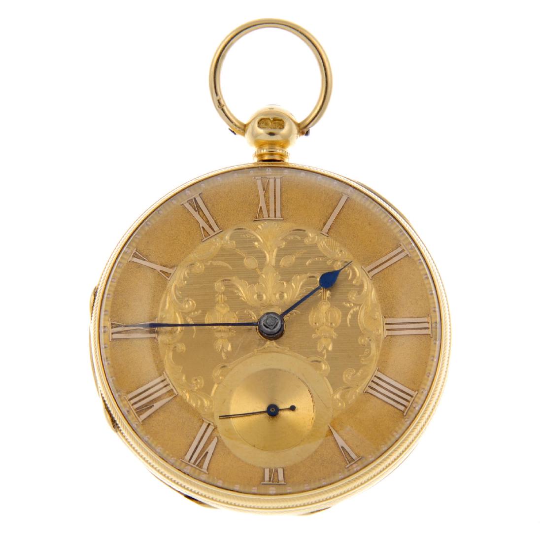 An open face pocket watch. 18ct yellow gold case,: An open face pocket watch. 18ct yellow gold case, hallmarked London 1851. Unsigned key wind full plate fusee and chain movement with ratchet tooth lever escapement and diamond end stone. Gilt dial wit