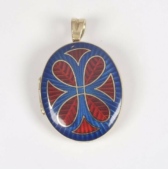 An 18ct gold oval locket with blue and