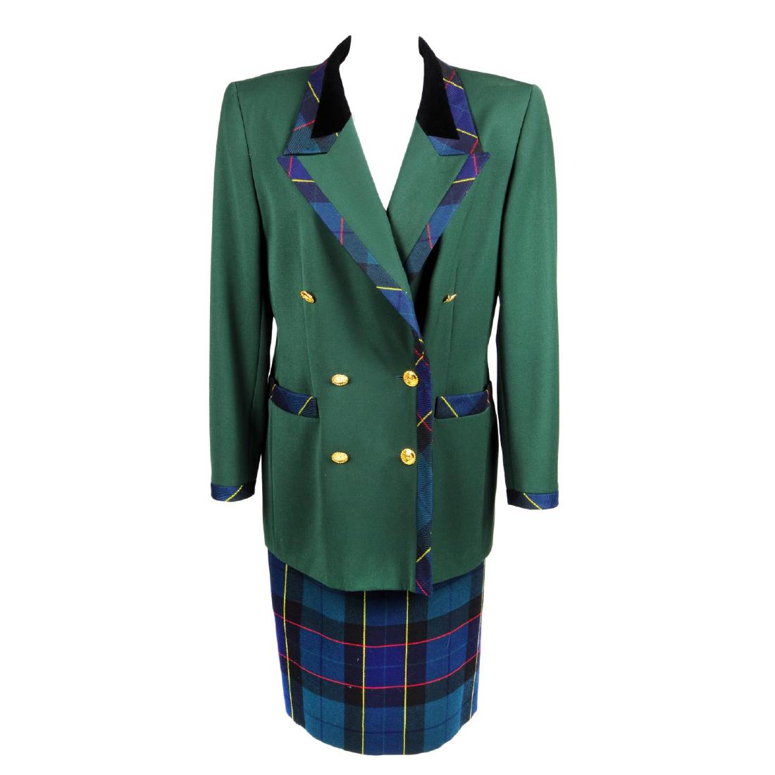 ESCADA - a selection of ladies clothing. To include two: ESCADA - a selection of ladies clothing. To include two skirt suites, a green and tartan example with black velvet trim and a similar style mustard and black example, together with a fancy black jacke