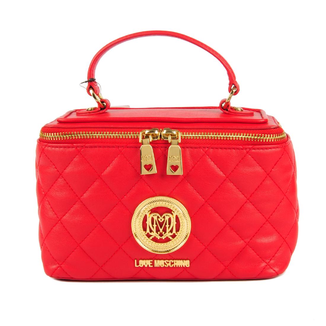 LOVE MOSCHINO - a quilted red vanity handbag. Designed: LOVE MOSCHINO - a quilted red vanity handbag. Designed from quilted faux red leather, with a single top handle and detachable crossbody strap, featuring a gold-tone decorative logo to the front and li