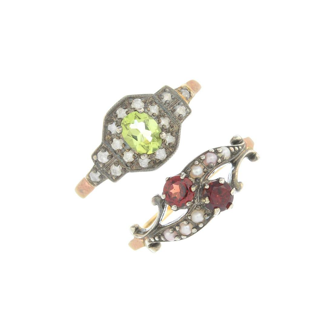 Three gem-set dress rings, variously set with peridot, (1 of 3)