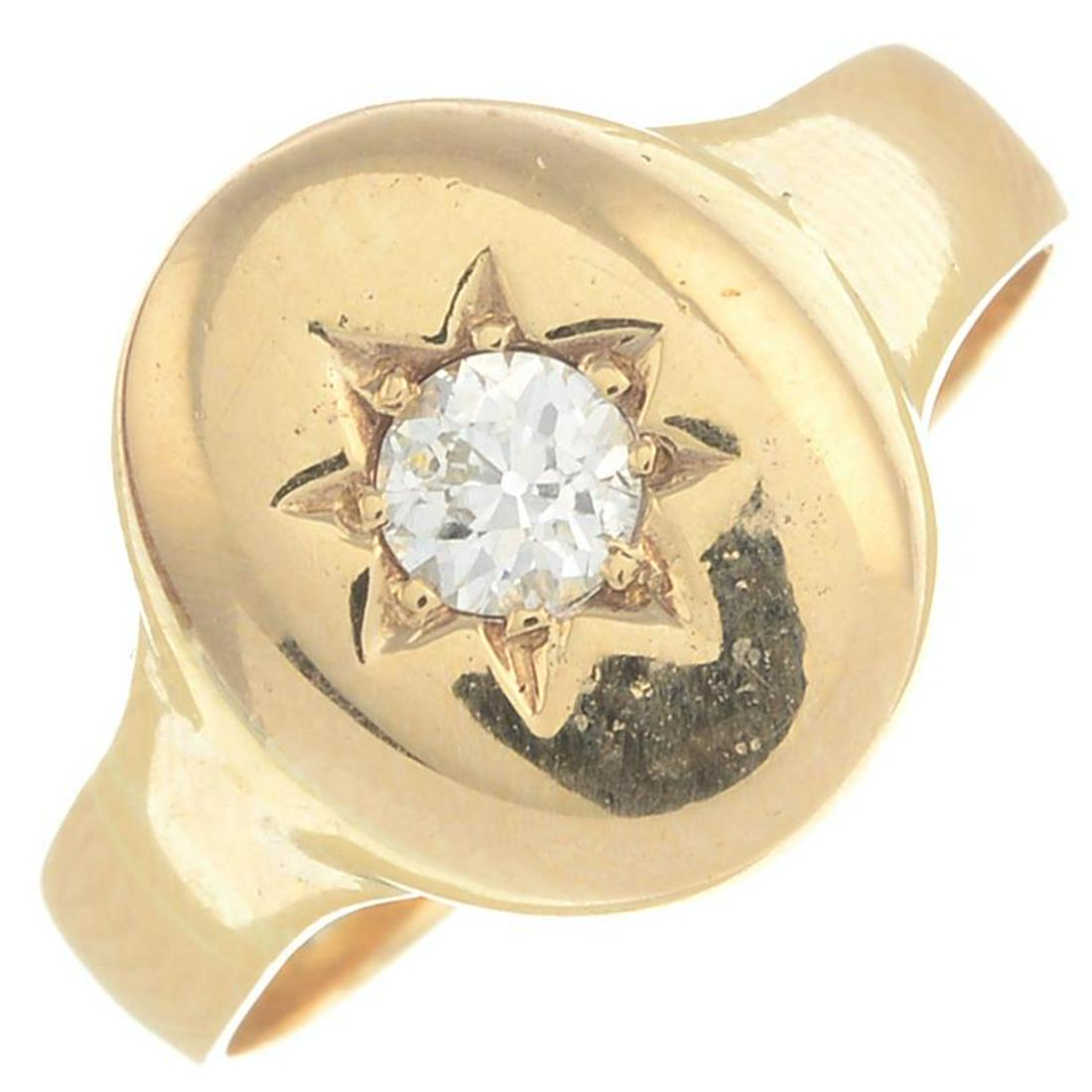 A diamond signet ring.Estimated diamond weight 0.20ct, (1 of 3)