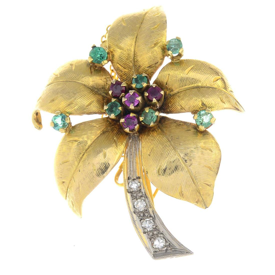 A mid 20th century 9ct gold diamond and gem-set brooch. (1 of 2)